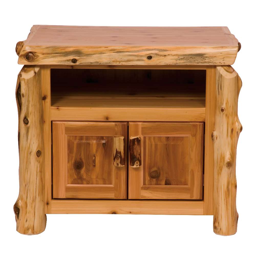 Fireside Lodge Cedar Log Television Stand made of natural cedar logs with a smooth top, an open shelf, and two small cabinet doors