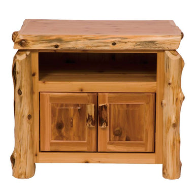 Fireside Lodge Cedar Log Television Stand made of natural cedar logs with a smooth top, an open shelf, and two small cabinet doors