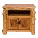 Fireside Lodge Cedar Log Television Stand made of natural cedar logs with a smooth top, an open shelf, and two small cabinet doors