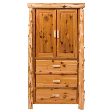 Fireside Lodge Cedar Log Three Drawer Armoire is a tall rustic cedar cabinet with two upper doors and three lower drawers