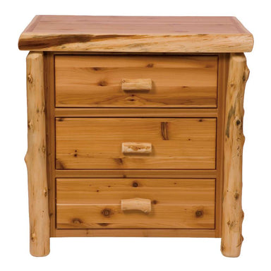 Fireside Lodge Cedar Log Three Drawer Chest is a rustic cedar dresser with three drawers, log-style legs, and natural wood knots