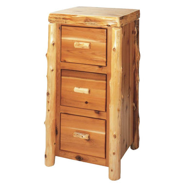 Fireside Lodge Cedar Log Three Drawer File Cabinet shown as a tall rustic wooden cabinet with three drawers, log-style legs, and a handcrafted lodge appearance