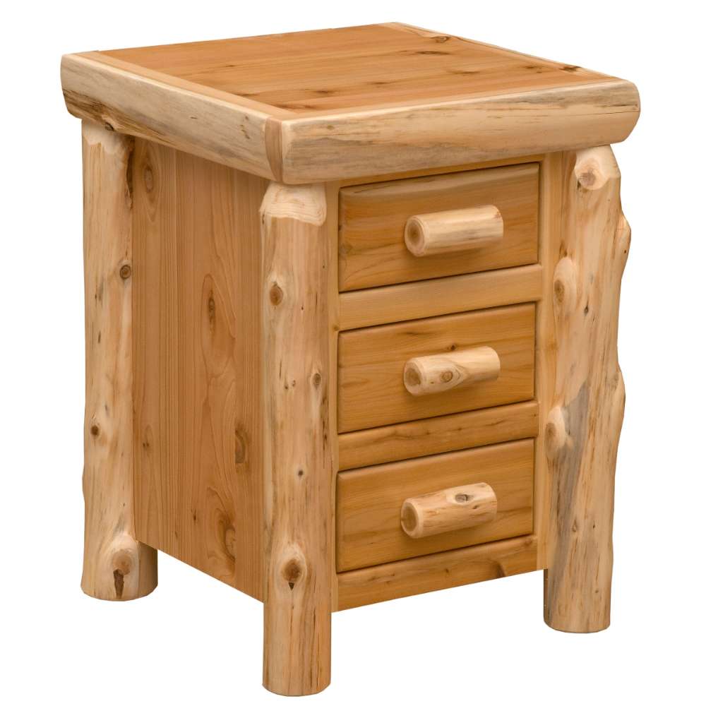 Fireside Lodge Cedar Log Three Drawer Nightstand is a rustic cedar nightstand with three closed drawers and thick log-style legs