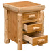 Fireside Lodge Cedar Log Three Drawer Nightstand is shown at an angle with two lower drawers open, revealing wooden storage space