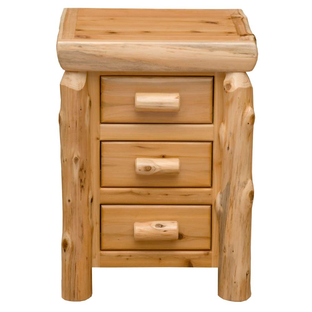 Fireside Lodge Cedar Log Three Drawer Nightstand is shown from the front with all three drawers closed