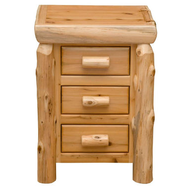 Fireside Lodge Cedar Log Three Drawer Nightstand is shown from the front with all three drawers closed