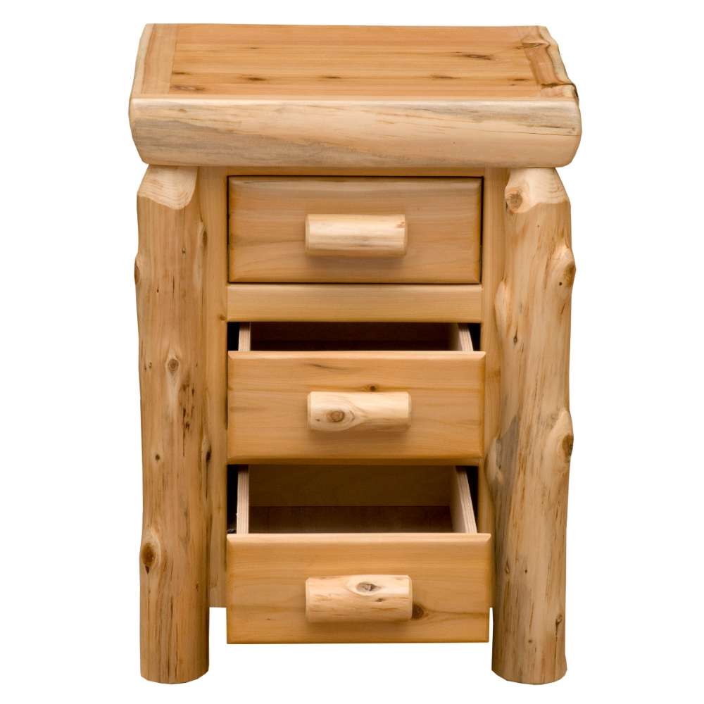 Fireside Lodge Cedar Log Three Drawer Nightstand is shown from the front with all three drawers partially open