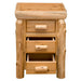 Fireside Lodge Cedar Log Three Drawer Nightstand is shown from the front with all three drawers partially open