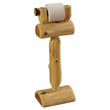 Fireside Lodge Cedar Log Toilet Paper Holder rustic freestanding toilet paper stand made from rounded cedar logs with visible knots and natural wood grain