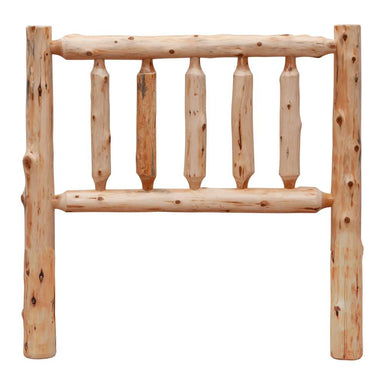 Fireside Lodge Cedar Log Traditional Headboard shown as a rustic cedar log headboard with thick vertical posts, rounded rails, and visible natural wood knots