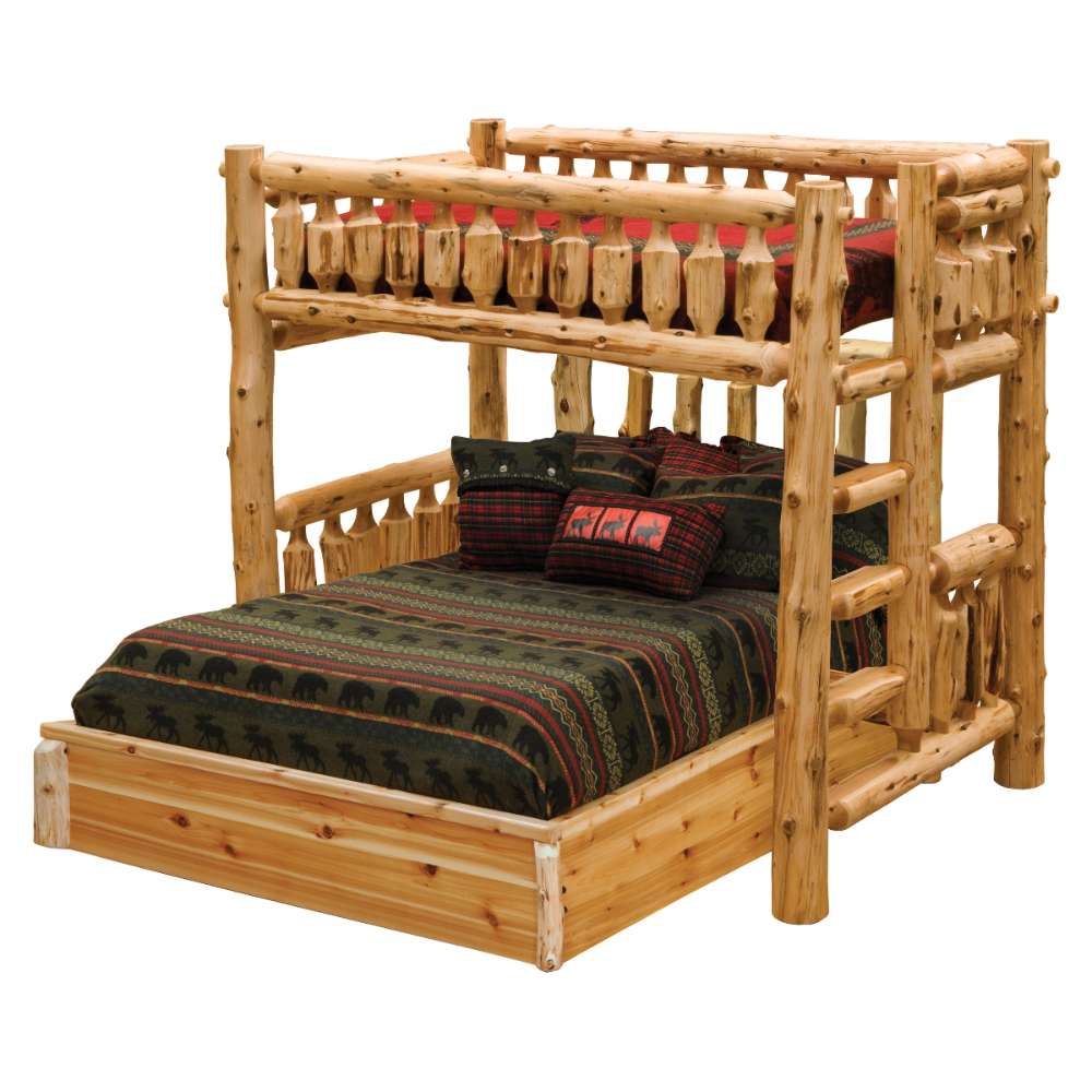 Fireside Lodge Cedar Log Traditional Loft Bed shown as a rustic cedar log loft bed with a ladder, guardrails, and a raised sleeping area