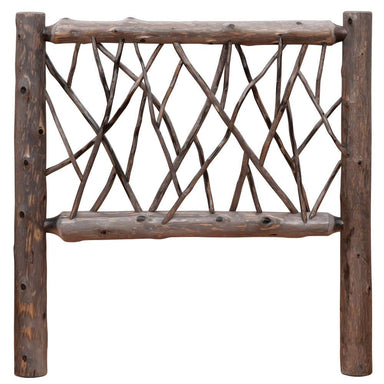 Fireside Lodge Cedar Log Twig Headboard shows the back of the headboard made from thick cedar posts with crisscrossed twig branches forming a rustic pattern