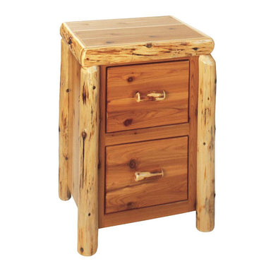 Fireside Lodge Cedar Log Two Drawer File Cabinet shown as a rustic cedar log cabinet with two drawers, thick log legs, and a dark brown wood finish