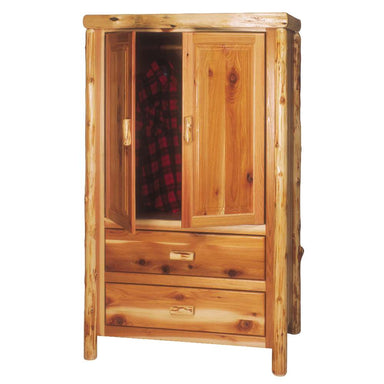Fireside Lodge Cedar Log Two Drawer Wardrobe with Hanging Rod is a rustic cedar wardrobe with two lower drawers, double cabinet doors, rounded log edges, and a hanging rod inside