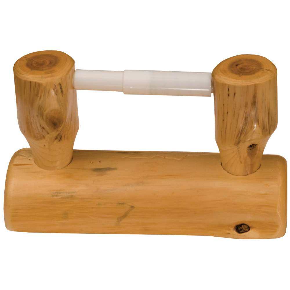 Fireside Lodge Cedar Log Wall-Mount Spring Toilet Paper Holder rustic cedar log wall-mounted toilet paper holder with carved wood supports and spring bar