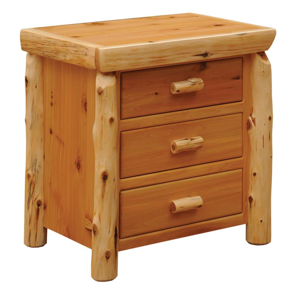 Fireside Lodge Cedar Log XL Three Drawer Nightstand is a rustic cedar nightstand with three drawers and thick log legs, shown from an angled view