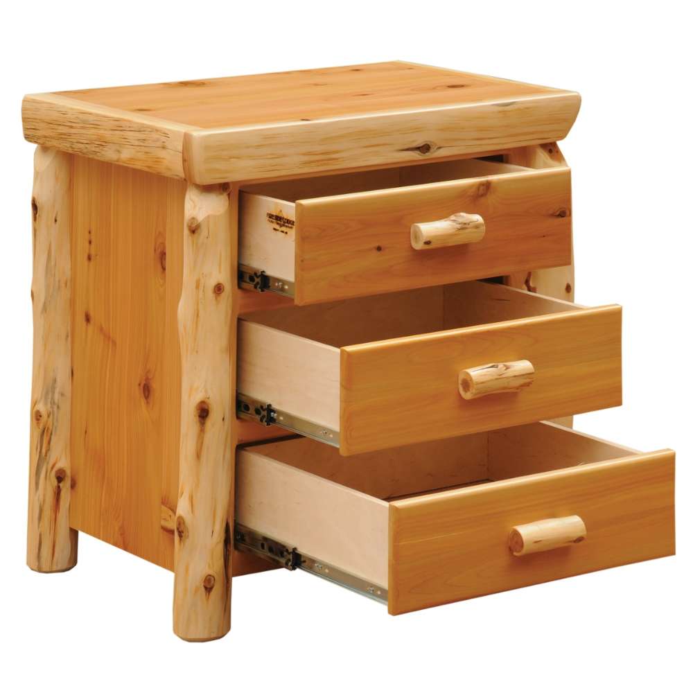 Fireside Lodge Cedar Log XL Three Drawer Nightstand is shown at an angle with drawers partially open, showing its natural wood texture