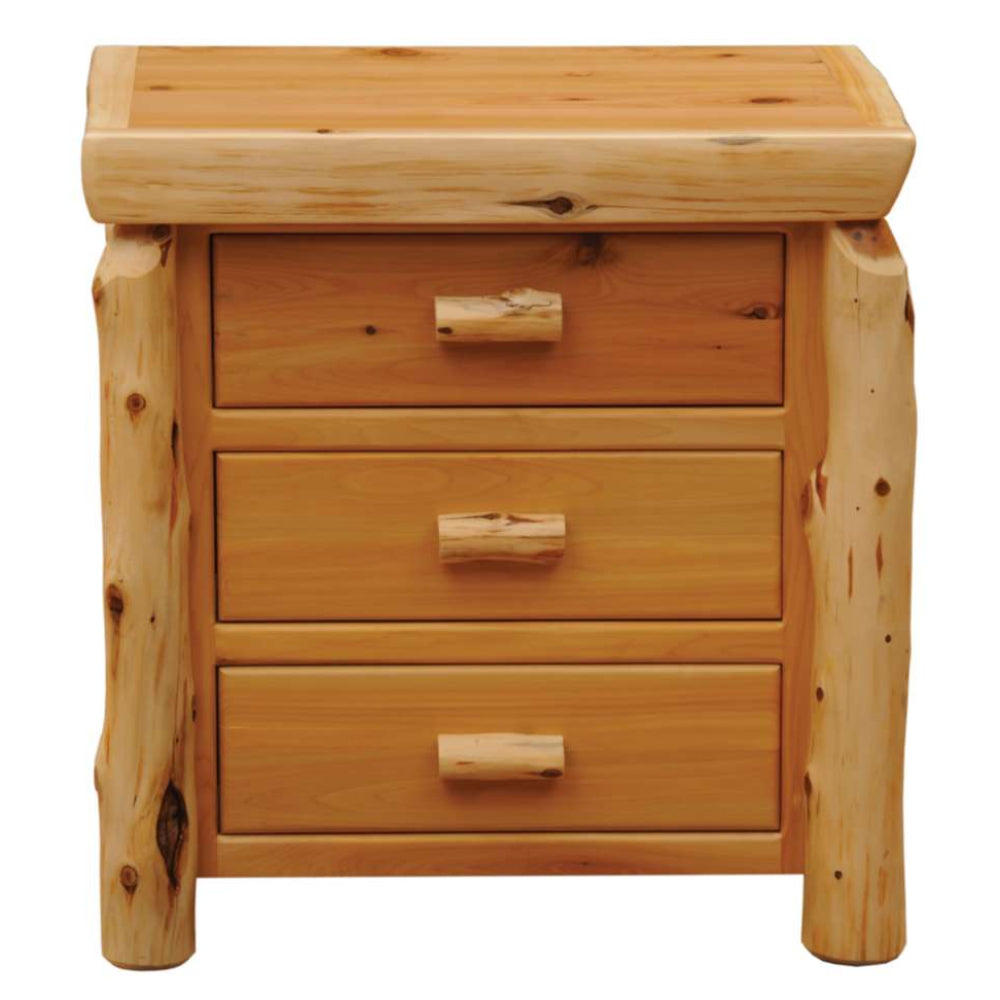 Fireside Lodge Cedar Log XL Three Drawer Nightstand is shown from the front with three stacked drawers and rounded wooden handles