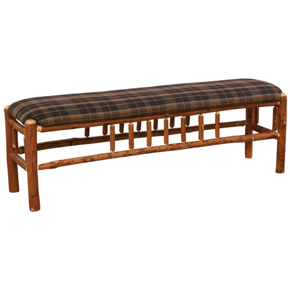 Fireside Lodge Hickory Log 5-Foot Bench features sturdy hickory log construction and a padded plaid cushion, perfect for rustic lodge or cabin décor