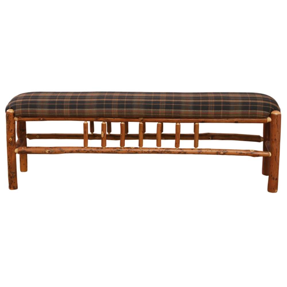 Fireside Lodge Hickory Log 5-Foot Bench is a rustic log bench with natural hickory wood and a plaid cushioned seat for cozy cabin-style seating