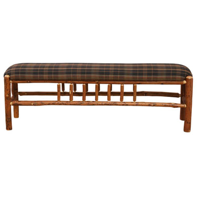 Fireside Lodge Hickory Log 5-Foot Bench is a rustic log bench with natural hickory wood and a plaid cushioned seat for cozy cabin-style seating