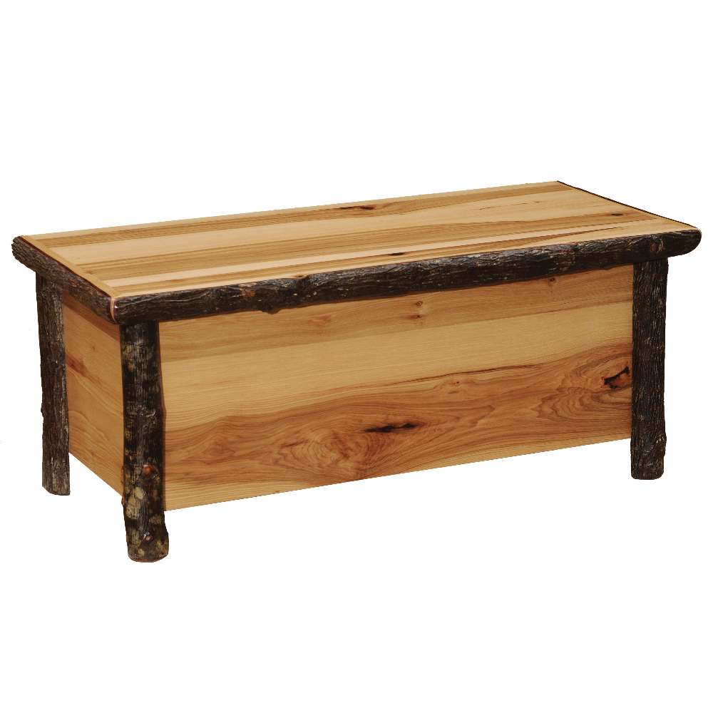 Fireside Lodge Hickory Log Blanket Chest is a solid wood storage chest with a smooth plank top, natural grain front, and sturdy log-style legs