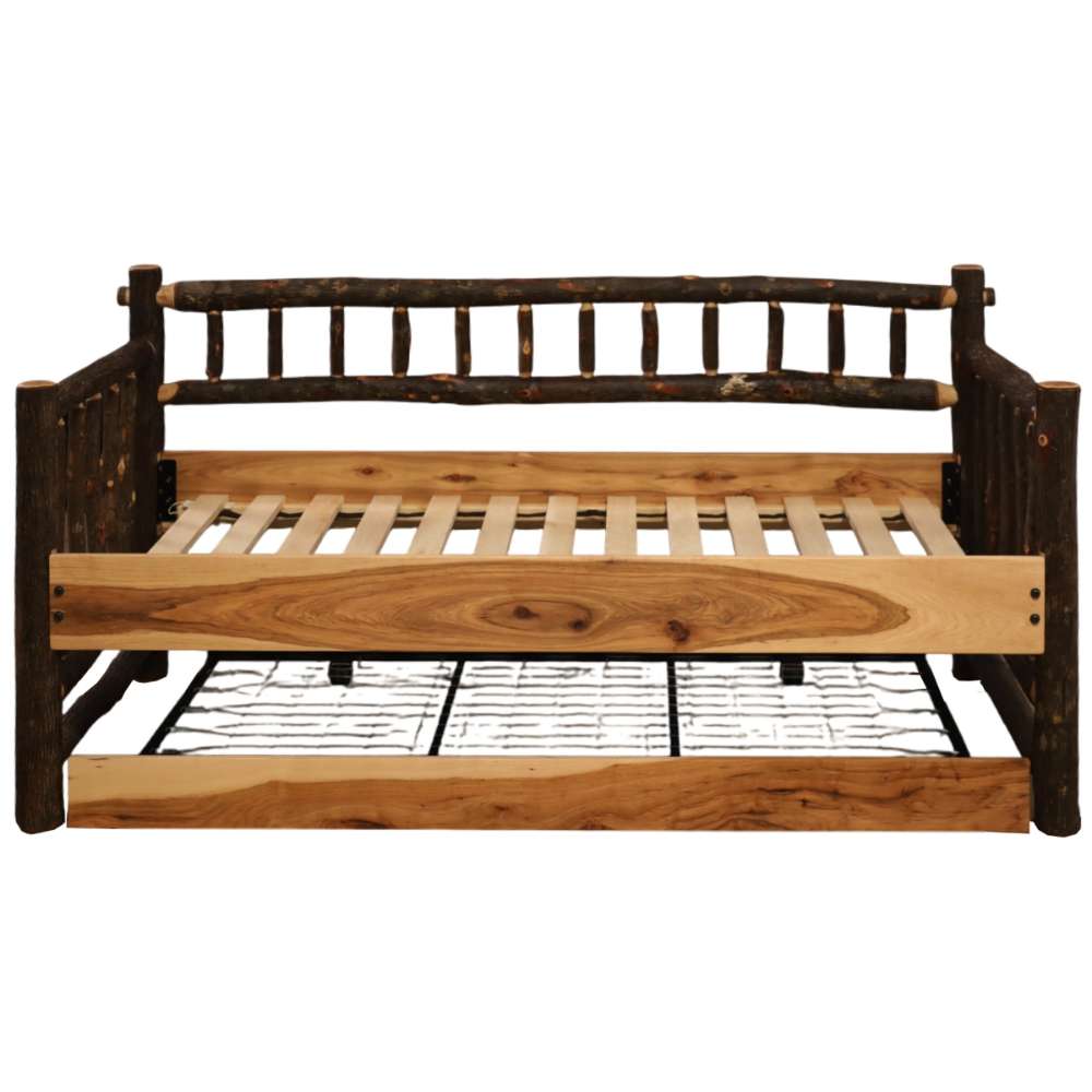 Fireside Lodge Hickory Log Daybed With Roll Out Trundle shows a front view without mattresses, highlighting the slats and log frame