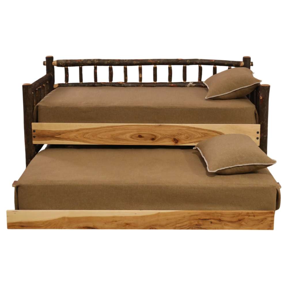 Fireside Lodge Hickory Log Daybed With Roll Out Trundle shows both mattresses in place with the lower bed fully extended