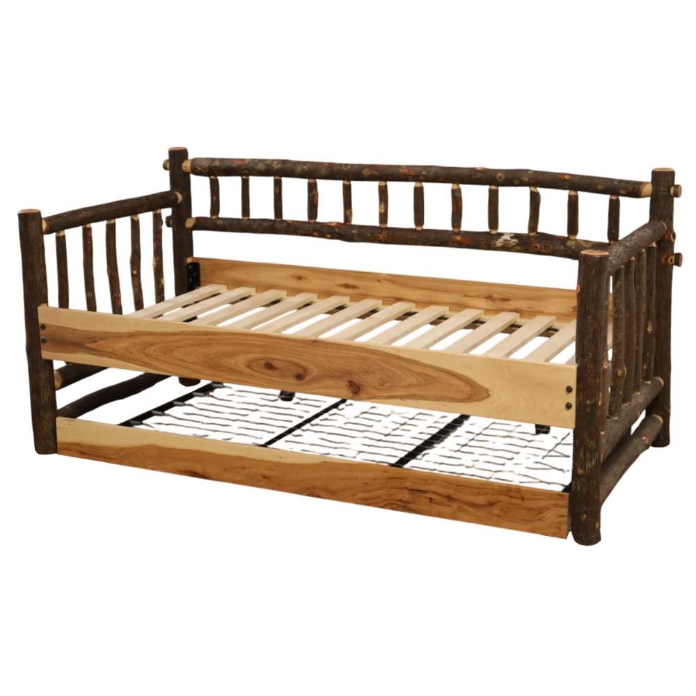 Fireside Lodge Hickory Log Daybed With Roll Out Trundle shows the frame without mattresses, revealing wooden slats and the trundle base