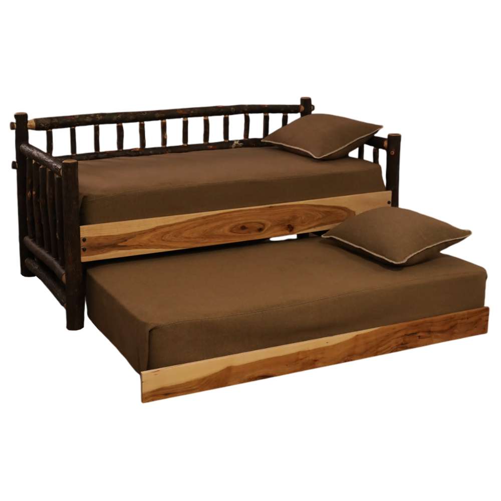 Fireside Lodge Hickory Log Daybed With Roll Out Trundle shows the lower trundle pulled out to create two sleeping spaces