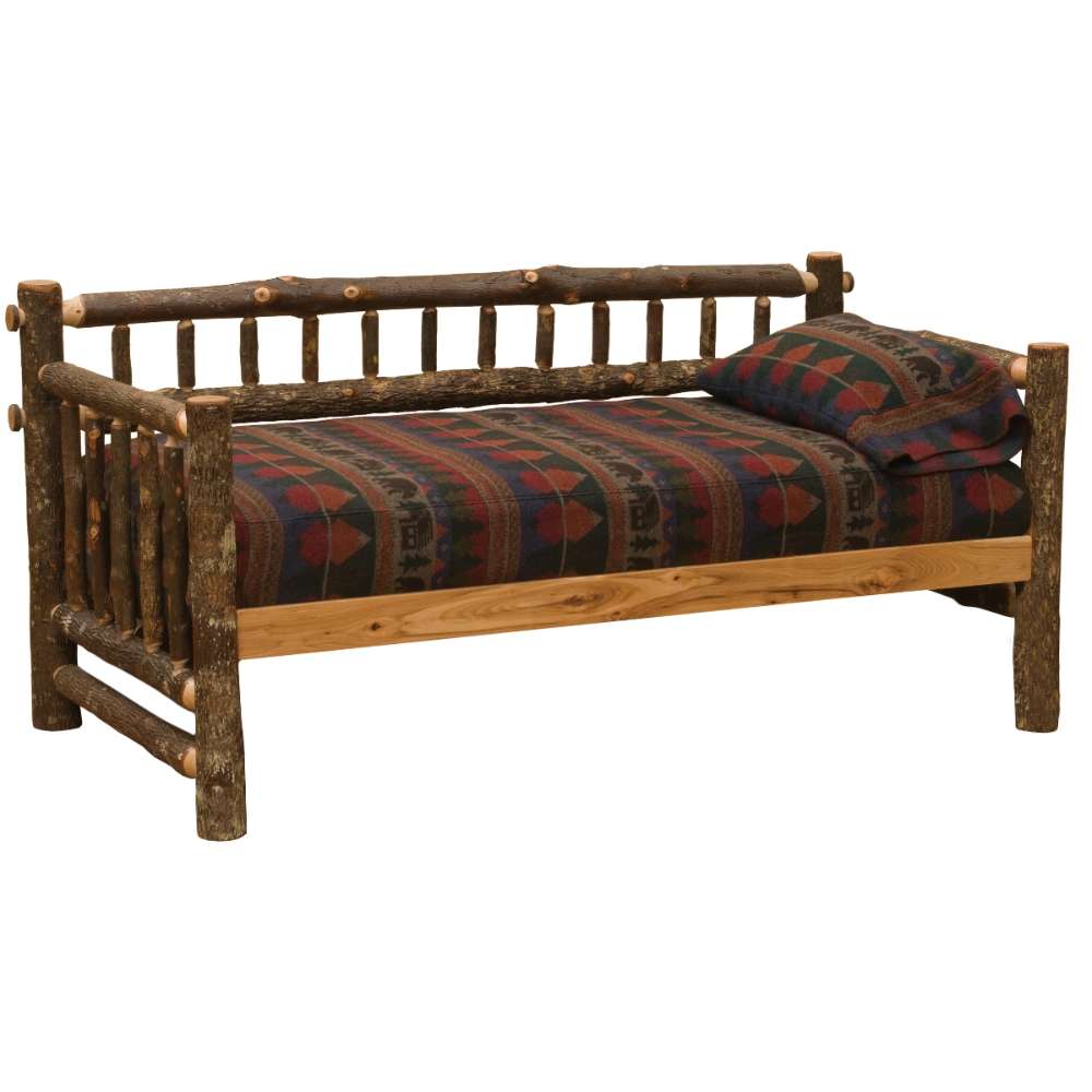 Fireside Lodge Hickory Log Daybed Without Roll Out Trundle is a bark-covered hickory log daybed with a patterned mattress and no trundle underneath