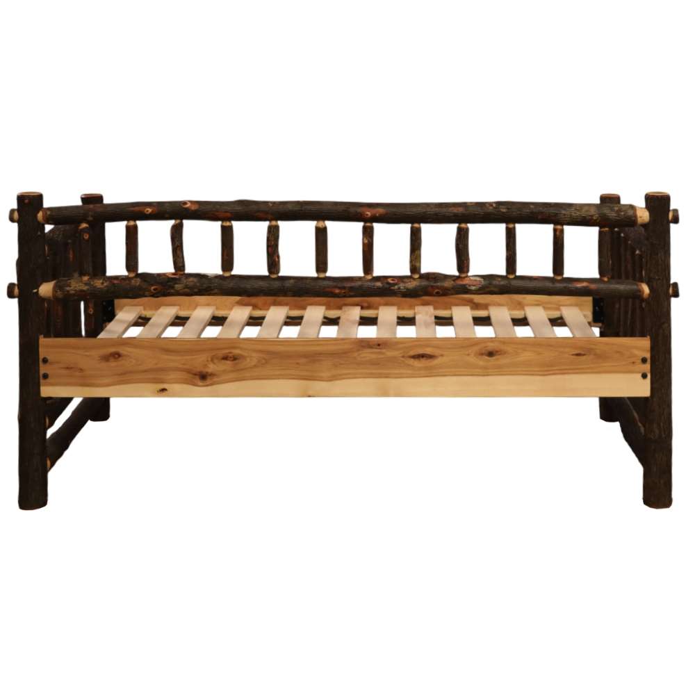 Fireside Lodge Hickory Log Daybed Without Roll Out Trundle shows a front view of the empty slatted base and thick log posts