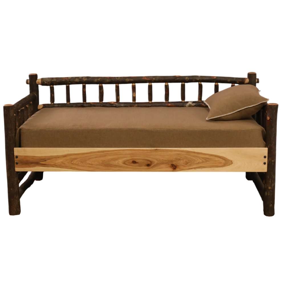 Fireside Lodge Hickory Log Daybed Without Roll Out Trundle shows the daybed with a brown mattress and pillow on the twin-size surface