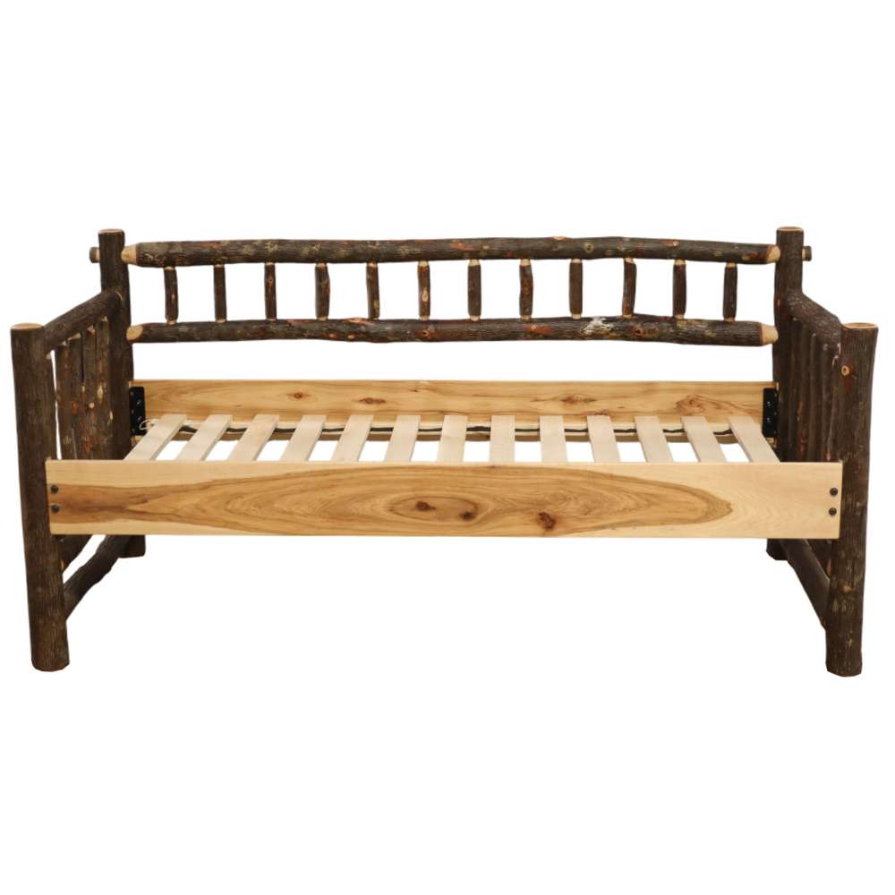 Fireside Lodge Hickory Log Daybed Without Roll Out Trundle shows the empty frame with wooden slats and bark-covered rails