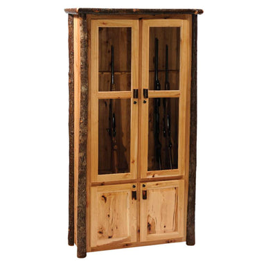 Fireside Lodge Hickory Log Eight Gun Cabinet is a tall log-style gun cabinet with glass upper doors for eight firearms and solid lower storage