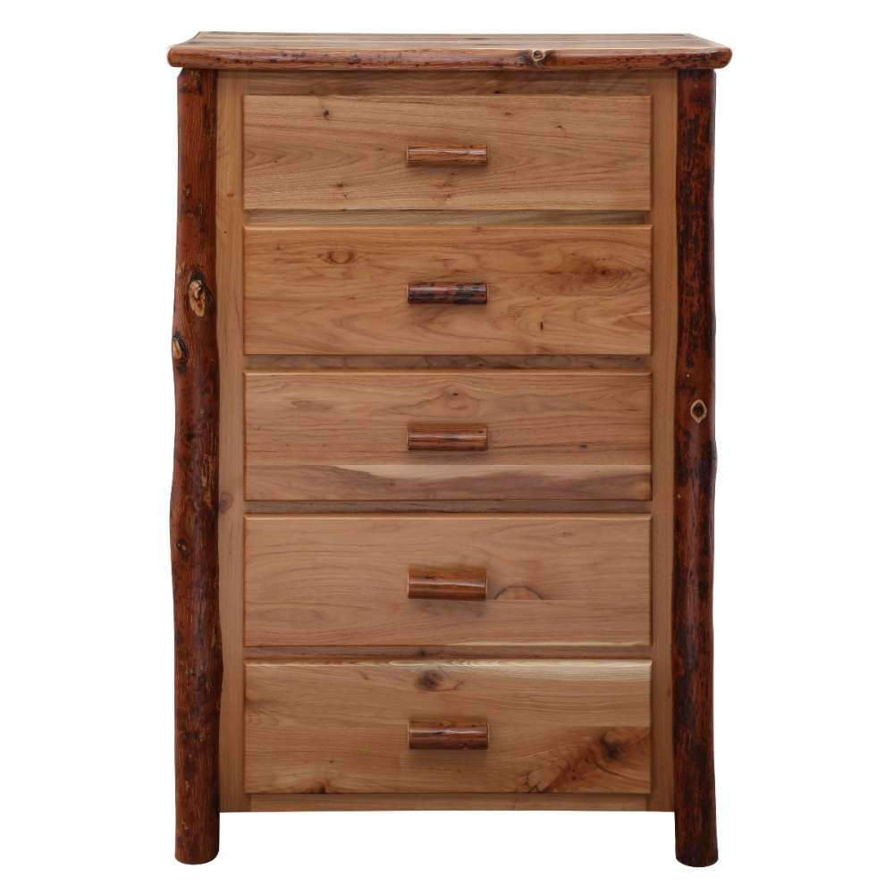 Fireside Lodge Hickory Log Five Drawer Chest displays partially open drawers that highlight its roomy compartments and rustic design