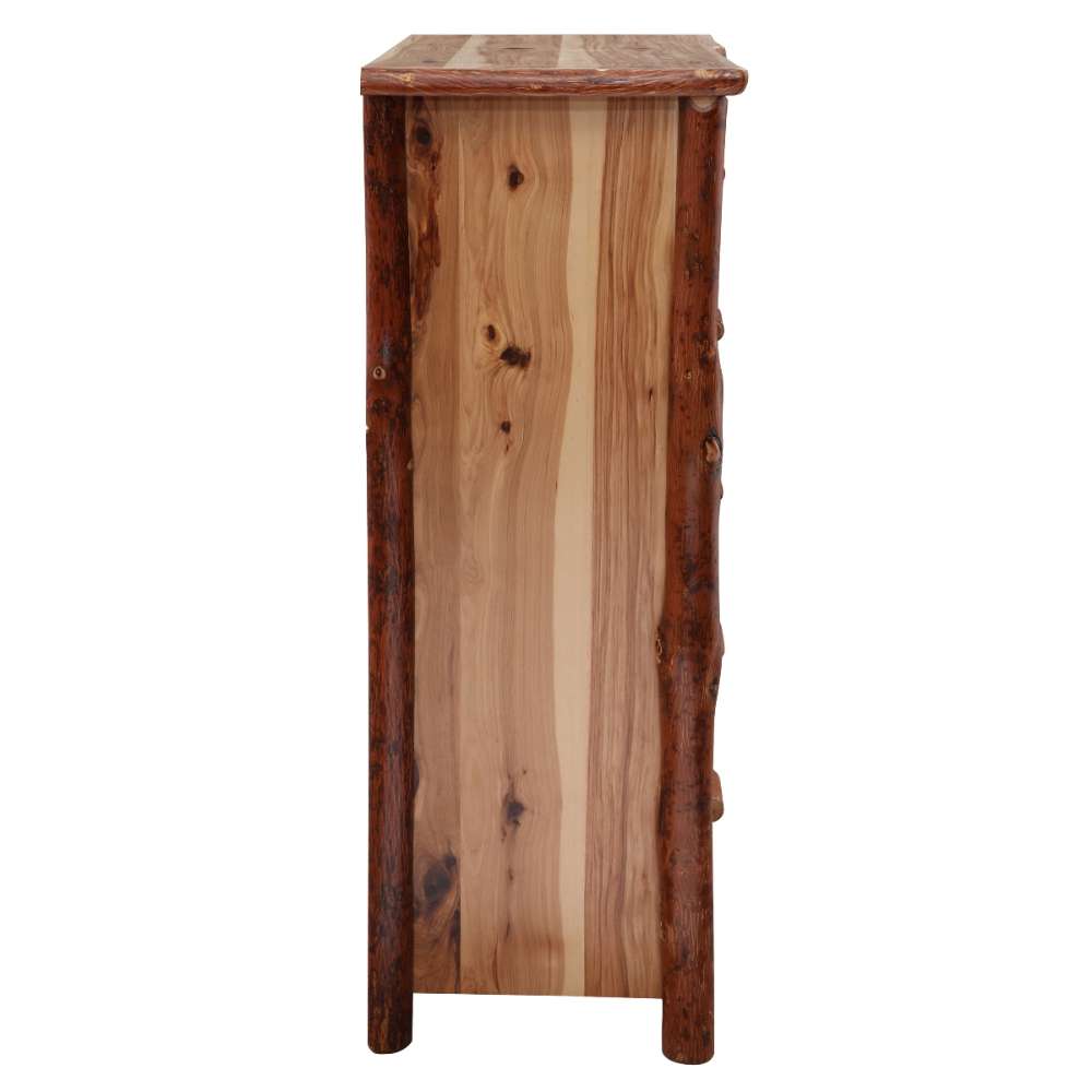 Fireside Lodge Hickory Log Five Drawer Chest is angled to show its smooth top, five drawers, and strong log frame