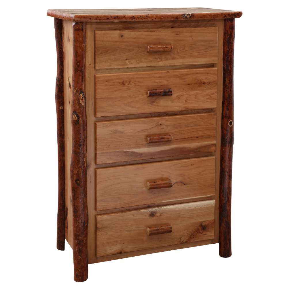 Fireside Lodge Hickory Log Five Drawer Chest stands tall with all five drawers open, revealing deep storage space