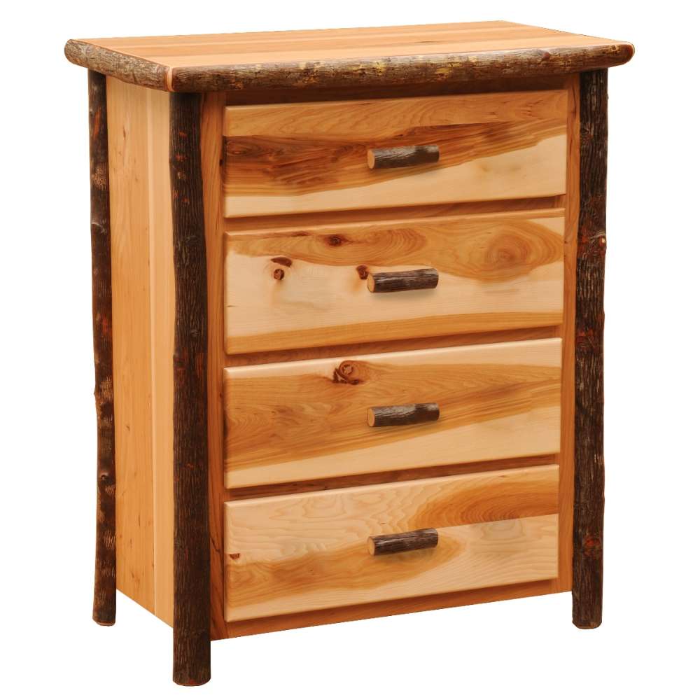 Fireside Lodge Hickory Log Four Drawer Chest is a rustic four-drawer dresser with log corner posts and branch-style handles, shown fully closed