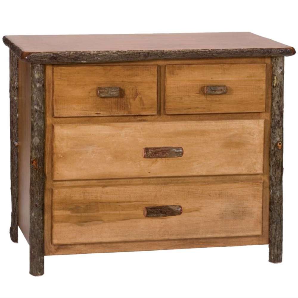 Fireside Lodge Hickory Log Four Drawer Low Boy is a rustic four-drawer dresser with log-style side posts, bark accents, and sturdy wooden handles