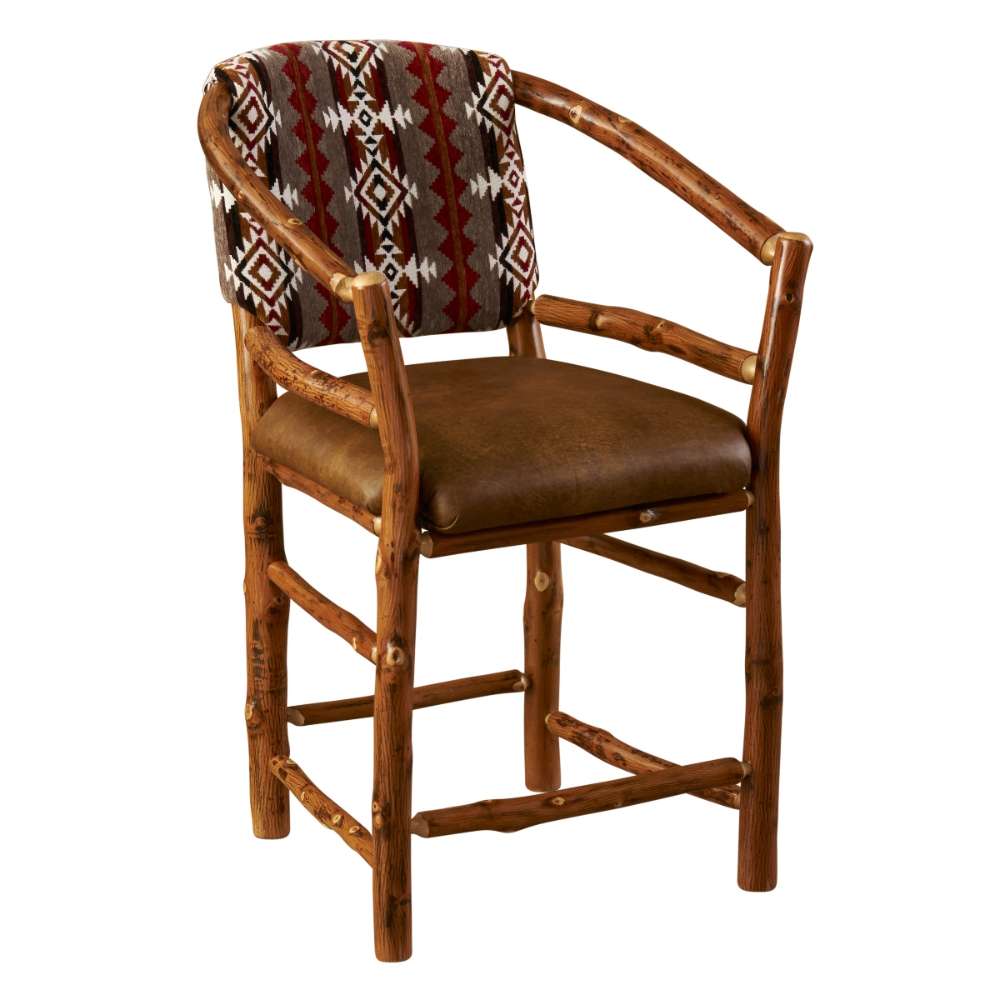 Fireside Lodge Hickory Log Hoop Counter Stool with Back angled view showcases handcrafted hickory logs, natural wood knots, footrests, and a decorative fabric back