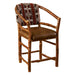 Fireside Lodge Hickory Log Hoop Counter Stool with Back angled view showcases handcrafted hickory logs, natural wood knots, footrests, and a decorative fabric back