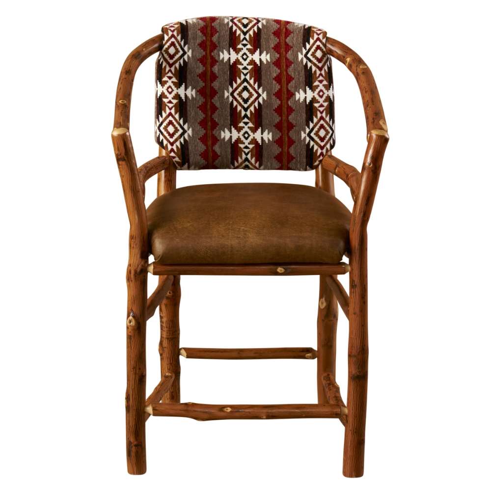 Fireside Lodge Hickory Log Hoop Counter Stool with Back front view features a leather seat, hoop-style arms, and a bold Southwestern geometric back cushion