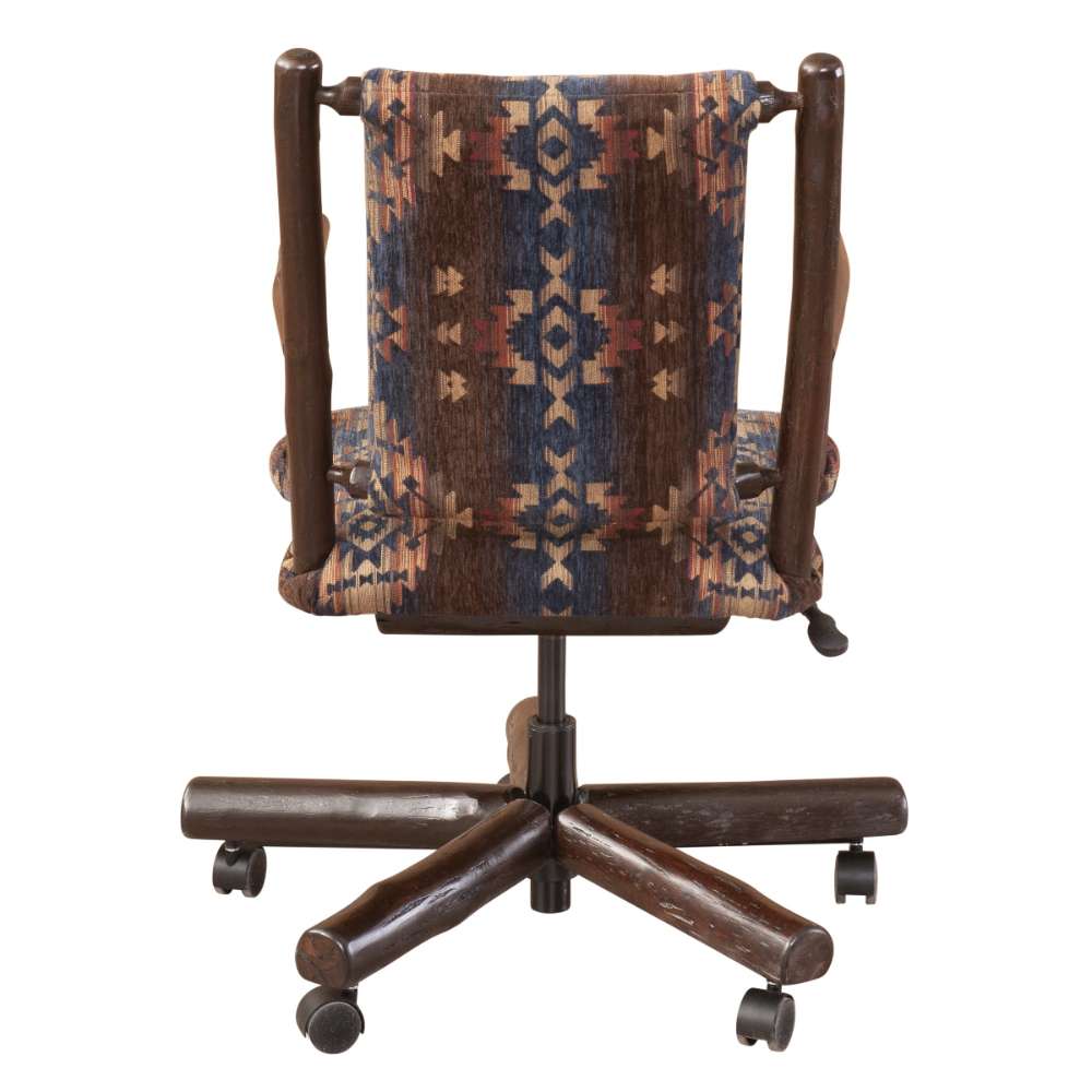 Fireside Lodge Hickory Log Hydraulic Executive Chair is shown from the back with a patterned fabric backrest, thick wood frame, and rolling base