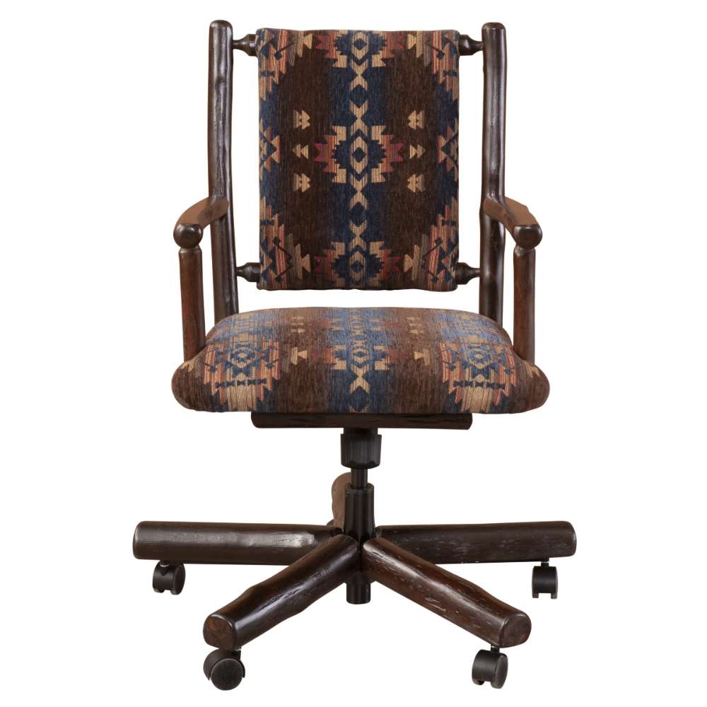Fireside Lodge Hickory Log Hydraulic Executive Chair is shown from the front with a cushioned seat, patterned backrest, and sturdy wooden frame