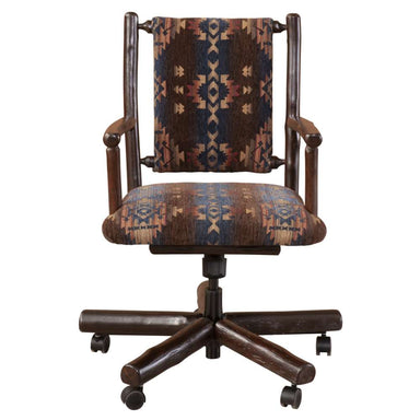 Fireside Lodge Hickory Log Hydraulic Executive Chair is shown from the front with a cushioned seat, patterned backrest, and sturdy wooden frame