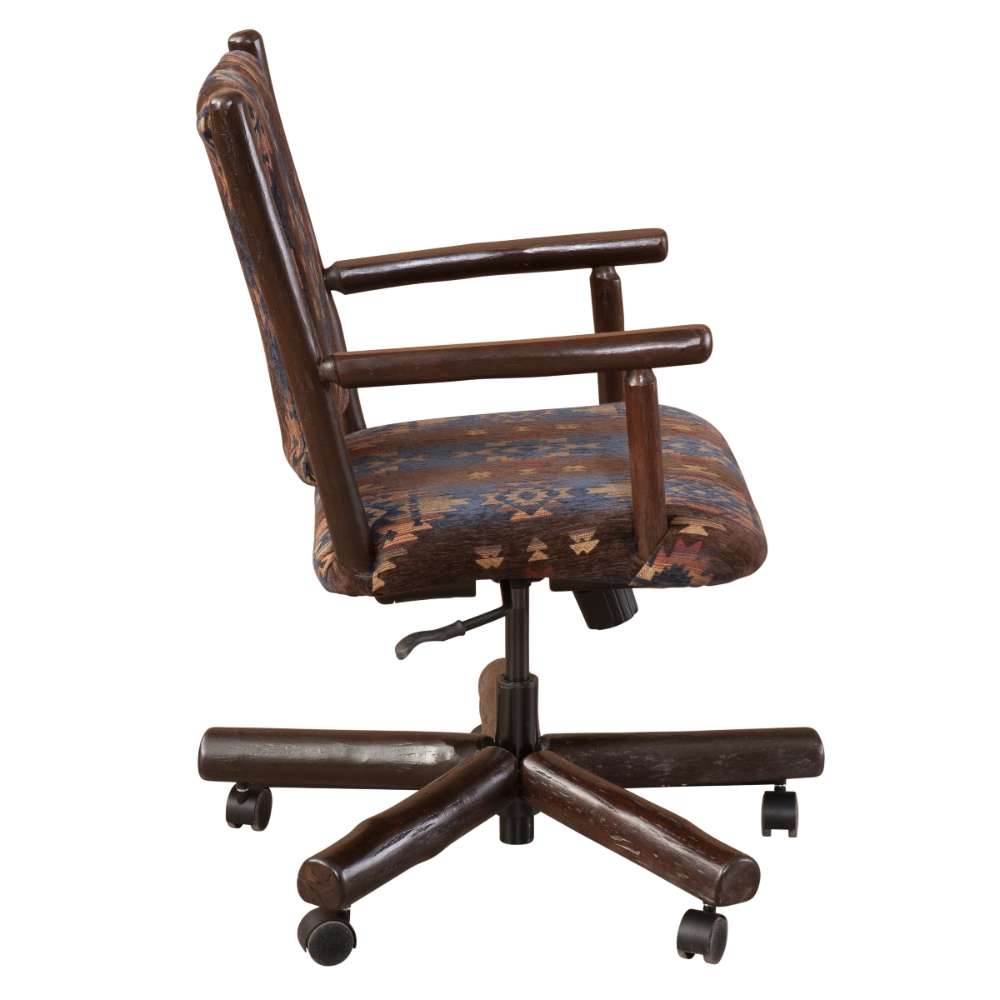 Fireside Lodge Hickory Log Hydraulic Executive Chair is shown from the side, highlighting the padded seat, log armrests, and adjustable wheeled base