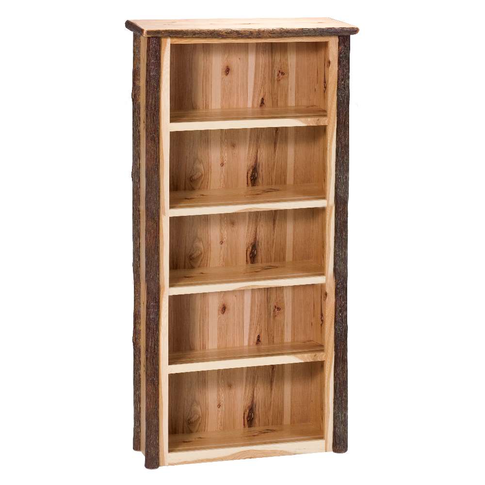 Fireside Lodge Hickory Log Medium Bookshelf is a tall rustic bookshelf with four open shelves, log-style sides, and visible knots in the wood
