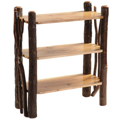 Fireside Lodge Hickory Log Open Bookshelf With Twig Accents shows a rustic open bookshelf with log posts, twig accents, and three flat wooden shelves