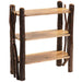 Fireside Lodge Hickory Log Open Bookshelf With Twig Accents shows a rustic open bookshelf with log posts, twig accents, and three flat wooden shelves